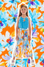 FEATHERED BOW HEADBAND PAIRED BLUE BLOUSE FLORAL PRINT PANTS 3 PIECE SET