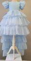 LAYERED ELEGANT GOWN FOR BIRTHDAY SPECIAL OCCASIONS WITH TIARA AND TULLE GLOVE COMBINATION CAN BE WORN WITH A LONG OR SHORT BACK DESIGN