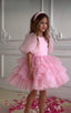 PINK LAYERED ELEGANT GOWN FOR BIRTHDAY SPECIAL OCCASIONS WITH TIARA AND TULLE GLOVE COMBINATION CAN BE WORN WITH A LONG OR SHORT BACK DESIGN