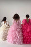 PINK LAYERED ELEGANT GOWN FOR BIRTHDAY SPECIAL OCCASIONS WITH TIARA AND TULLE GLOVE COMBINATION CAN BE WORN WITH A LONG OR SHORT BACK DESIGN