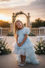 LAYERED ELEGANT GOWN FOR BIRTHDAY SPECIAL OCCASIONS WITH TIARA AND TULLE GLOVE COMBINATION CAN BE WORN WITH A LONG OR SHORT BACK DESIGN