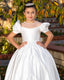 SATIN WHITE DRESS WITH PEARL DETAILS PERFECT FOR WEDDINGS COMMUNION AND SPECIAL OCCASIONS