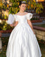SATIN WHITE DRESS WITH PEARL DETAILS PERFECT FOR WEDDINGS COMMUNION AND SPECIAL OCCASIONS