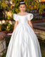SATIN WHITE DRESS WITH PEARL DETAILS PERFECT FOR WEDDINGS COMMUNION AND SPECIAL OCCASIONS