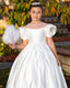 SATIN WHITE DRESS WITH PEARL DETAILS PERFECT FOR WEDDINGS COMMUNION AND SPECIAL OCCASIONS
