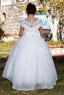 WHITE RUFFLED DRESS WITH STONE DETAILS FOR WEDDINGS COMMUNION AND SPECIAL OCCASIONS
