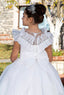 WHITE RUFFLED DRESS WITH STONE DETAILS FOR WEDDINGS COMMUNION AND SPECIAL OCCASIONS