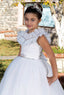 WHITE RUFFLED DRESS WITH STONE DETAILS FOR WEDDINGS COMMUNION AND SPECIAL OCCASIONS