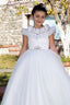 WHITE RUFFLED DRESS WITH STONE DETAILS FOR WEDDINGS COMMUNION AND SPECIAL OCCASIONS
