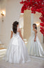 SHINY SATIN PEARL EMBROIDERED RUFFLE FLOWER DETAILED WEDDING RELIGIOUS CEREMONY SPECIAL OCCASION COMMUNION DRESS 2-6 YEARS