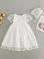 WHITE LACE DRESS SET WITH DELICATE DETAILS ROUND NECK PERFECT FOR BAPTISMS WEDDINGS BIRTHDAYS AND SPECIAL PHOTOSHOOTS WITH MATCHING BONNET 0-2 YEARS