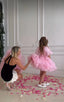 LAYERED ELEGANT GOWN FOR BIRTHDAY SPECIAL OCCASIONS WITH TIARA AND TULLE GLOVE COMBINATION CAN BE WORN WITH A LONG OR SHORT BACK DESIGN