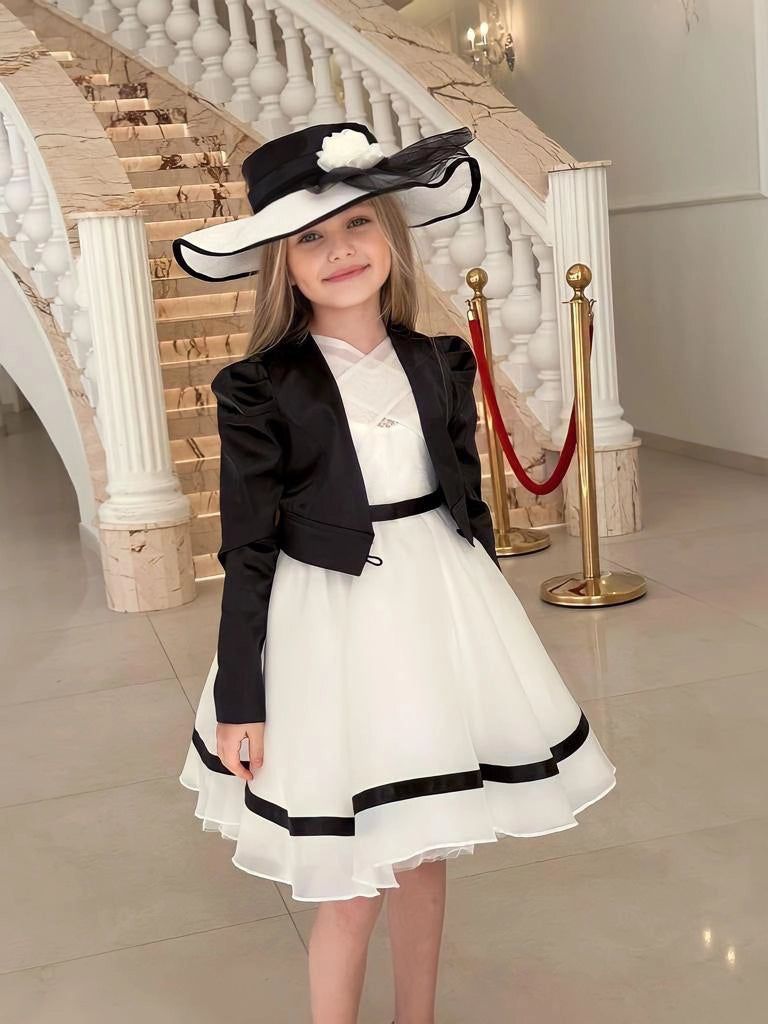 WHITE SPECIAL OCCASION DRESS WITH BLACK PIPING DETAIL 3 PIECE SET WITH – Lydia Kids