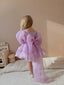 BALLOON SLEEVE VOLUMINOUS ORGANZA PINK WHITE LILAC BIRTHDAY SPECIAL OCCASION DRESS WITH PEARL BEADED TIARA ACCESSORY COMBINATION