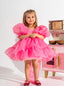 BALLOON SLEEVE VOLUMINOUS ORGANZA PINK WHITE LILAC BIRTHDAY SPECIAL OCCASION DRESS WITH PEARL BEADED TIARA ACCESSORY COMBINATION