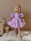BALLOON SLEEVE VOLUMINOUS ORGANZA PINK WHITE LILAC BIRTHDAY SPECIAL OCCASION DRESS WITH PEARL BEADED TIARA ACCESSORY COMBINATION
