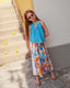 FEATHERED BOW HEADBAND PAIRED BLUE BLOUSE FLORAL PRINT PANTS 3 PIECE SET