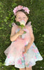 FLORAL PRINT DRESS WITH CRYSTAL TULLE BOW