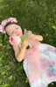 FLORAL PRINT DRESS WITH CRYSTAL TULLE BOW