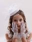 GIRLS PARTY DRESS WITH PEARL MINI HAT AND LACE GLOVES COMBINATION SUITABLE FOR GATHERINGS PARTIES WEDDING BIRTHDAY AND PHOTO SHOOTS