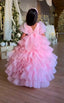 PINK LAYERED ELEGANT GOWN FOR BIRTHDAY SPECIAL OCCASIONS WITH TIARA AND TULLE GLOVE COMBINATION CAN BE WORN WITH A LONG OR SHORT BACK DESIGN
