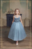 SHIMMERING LONG SILVER BLUE PRINCESS BIRTHDAY SPECIAL OCCASION DRESS WITH PETTICOAT AND FLORAL TIARA SET