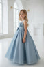 SHIMMERING LONG SILVER BLUE PRINCESS BIRTHDAY SPECIAL OCCASION DRESS WITH PETTICOAT AND FLORAL TIARA SET