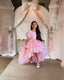 PINK LAYERED ELEGANT GOWN FOR BIRTHDAY SPECIAL OCCASIONS WITH TIARA AND TULLE GLOVE COMBINATION CAN BE WORN WITH A LONG OR SHORT BACK DESIGN
