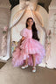 PINK LAYERED ELEGANT GOWN FOR BIRTHDAY SPECIAL OCCASIONS WITH TIARA AND TULLE GLOVE COMBINATION CAN BE WORN WITH A LONG OR SHORT BACK DESIGN