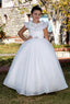 WHITE RUFFLED DRESS WITH STONE DETAILS FOR WEDDINGS COMMUNION AND SPECIAL OCCASIONS