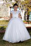 WHITE RUFFLED DRESS WITH STONE DETAILS FOR WEDDINGS COMMUNION AND SPECIAL OCCASIONS