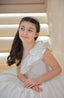 SHINY SATIN PEARL EMBROIDERED RUFFLE FLOWER DETAILED WEDDING RELIGIOUS CEREMONY SPECIAL OCCASION COMMUNION DRESS 2-6 YEARS
