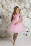 SEQUINED BODICE WITH CRYSTAL TULLE SKIRT AND ORGANZA SHOULDER TIE SPECIAL OCCASION DRESS