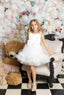 LUXURY TULLE BIRTHDAY WEDDING AND SPECIAL OCCASION DRESS WITH PEARL QUEEN CROWN – WHITE & PINK