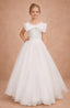 PEARL EMBELLISHED WEDDING SPECIAL OCCASION FLOWER GIRL FIRST COMMUNION DRESS WITH OVERSIZED FRONT BOW DETAIL AND OFF-SHOULDER SWEETHEART NECKLINE 7 - 11 YEARS