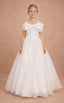 PEARL EMBELLISHED WEDDING SPECIAL OCCASION FLOWER GIRL FIRST COMMUNION DRESS WITH OVERSIZED FRONT BOW DETAIL AND OFF-SHOULDER SWEETHEART NECKLINE 7 - 11 YEARS