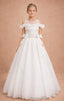 PEARL EMBELLISHED 3D FLORAL APPLIQUÉ BARDOT FLOWER GIRL • FIRST COMMUNION • BAPTISM • WEDDING • SPECIAL OCCASION PRINCESS DRESS 7 - 11 YEARS