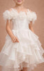 3D FLORAL SHOULDER DETAIL PEARL EMBELLISHED HIGH-LOW FLOWER GIRL • FIRST COMMUNION • BAPTISM • WEDDING • SPECIAL OCCASION PRINCESS DRESS WITH LONG TRAIN 7 - 11 YEARS