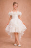 3D FLORAL SHOULDER DETAIL PEARL EMBELLISHED HIGH-LOW FLOWER GIRL • FIRST COMMUNION • BAPTISM • WEDDING • SPECIAL OCCASION PRINCESS DRESS WITH LONG TRAIN 7 - 11 YEARS