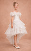 3D FLORAL SHOULDER DETAIL PEARL EMBELLISHED HIGH-LOW FLOWER GIRL • FIRST COMMUNION • BAPTISM • WEDDING • SPECIAL OCCASION PRINCESS DRESS WITH LONG TRAIN 7 - 11 YEARS