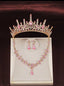 PINK CRYSTAL GOLD CROWN NECKLACE EARRINGS 4 PIECE GIRLS ACCESSORIES SET SUITABLE FOR BIRTHDAY FESTIVAL AWARDS STAGE PERFORMANCE WEDDING