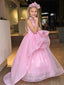 PINK LONG 3D FLORAL DETAILED GROWN WITH MATCHING HEADBAND BIRTHDAY SPECIAL OCCASION DRESS