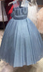 SHIMMERING LONG SILVER BLUE PRINCESS BIRTHDAY SPECIAL OCCASION DRESS WITH PETTICOAT AND FLORAL TIARA SET