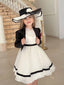 WHITE SPECIAL OCCASION DRESS WITH BLACK PIPING DETAIL 3 PIECE SET WITH HAT AND JACKET
